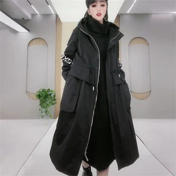 2023 Nova Primavera, Outono, Casual comprimento Médio Blusão de Vestuário feminino Preto com Capuz casacos Compridos Soltos casaco Longo BC289
