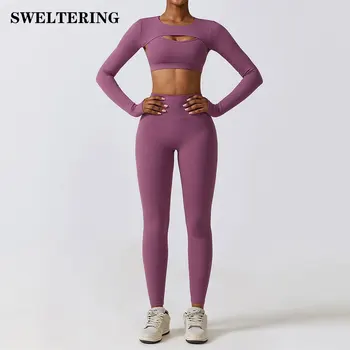 Mulheres 2/3pcs Treino Roupas de Yoga Conjuntos de Sportswear de Treino de Ginásio Roupas de Treino de Alta Leggings de Cintura e Alongar Sutiã
