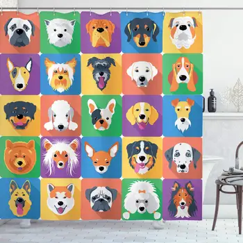 3D Cortina de Chuveiro,Raças de Cães Perfis de Animais de estimação Pastor Terrier, Labrador Animais dos desenhos animados de Ilustração,o Pano Tecido de Cortina de Banheiro