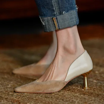 Francês de Sapatos de Salto Alto da Mulher de Primavera Outono Novo Slim Calcanhar Apontado Mistura de Cores de Trabalhar Bombas Retro Rasa de Moda Único Sapatos