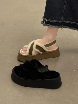 Sapatos femininos de Moda de pelúcia sapatos de algodão 2023 a Primavera e o Outono Novo grossa sola cruz sandálias de tira