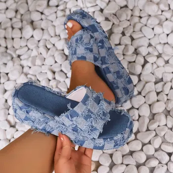 Mulheres Jeans Slides de Verão, Sandálias das Mulheres Deslizar sobre Cunhas Plataforma Casual Aberto Toe Sapatos da Moda, Lazer Confortável de Salto