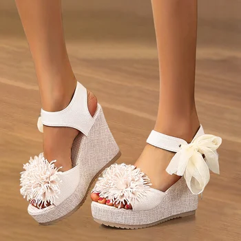 Mulheres, Flores De Verão Laço Sandálias Lace Up Dedo Do Pé Aberto Cunhas Casual E Confortável De Sapatos De Senhoras Moda Elegante Plataforma Sandalias