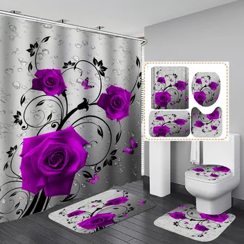 Roxo Rosa Cortina de Chuveiro do Poliéster Cortina de Banho Conjunto de Impressão 3D 180x180 Cortina de Banheiro Colorido de Flores, Decoração da Casa Dropshipping