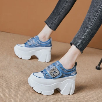 2023 Moda Jeans com Salto Alto para Mulheres Tênis de Luxo Designer de Strass, Fivela Quadrada Plataforma Sapatos de Lona de Aço Sapatos