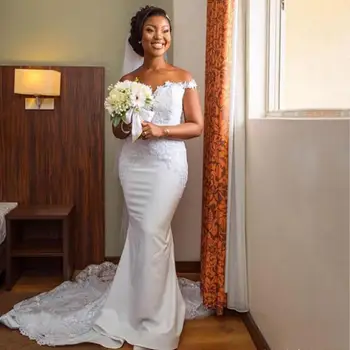 Slim Fora do Ombro Querida Sereia Africana de Noiva Vestidos de Trem de Varredura Apliques de Renda Vestidos de Casamento Robe De Mariée