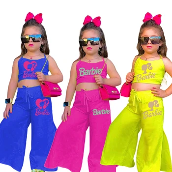2Pcs Conjunto de 2023 Nova Barbie Girls Moda Casual Colete sem Mangas do Terno Ins Estilo Y2K Meninas Crianças Verão Solto Camisola de Criança Presentes