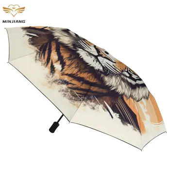 Tiger 8 Costelas Automática Guarda-chuva Animais pôr do Sol Com Óculos de sol Preto Casaco, Guarda-chuva Portátil à Prova de Vento guarda-Sóis para Homens Mulheres