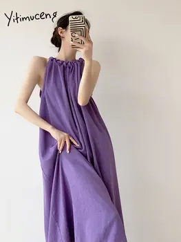 Yitimuceng Púrpura de Linho Vestido para as Mulheres de Verão 2203 Novo Estilo francês sem Mangas Soltas Midi Vestidos Elegantes Vestidos Longos Casuais