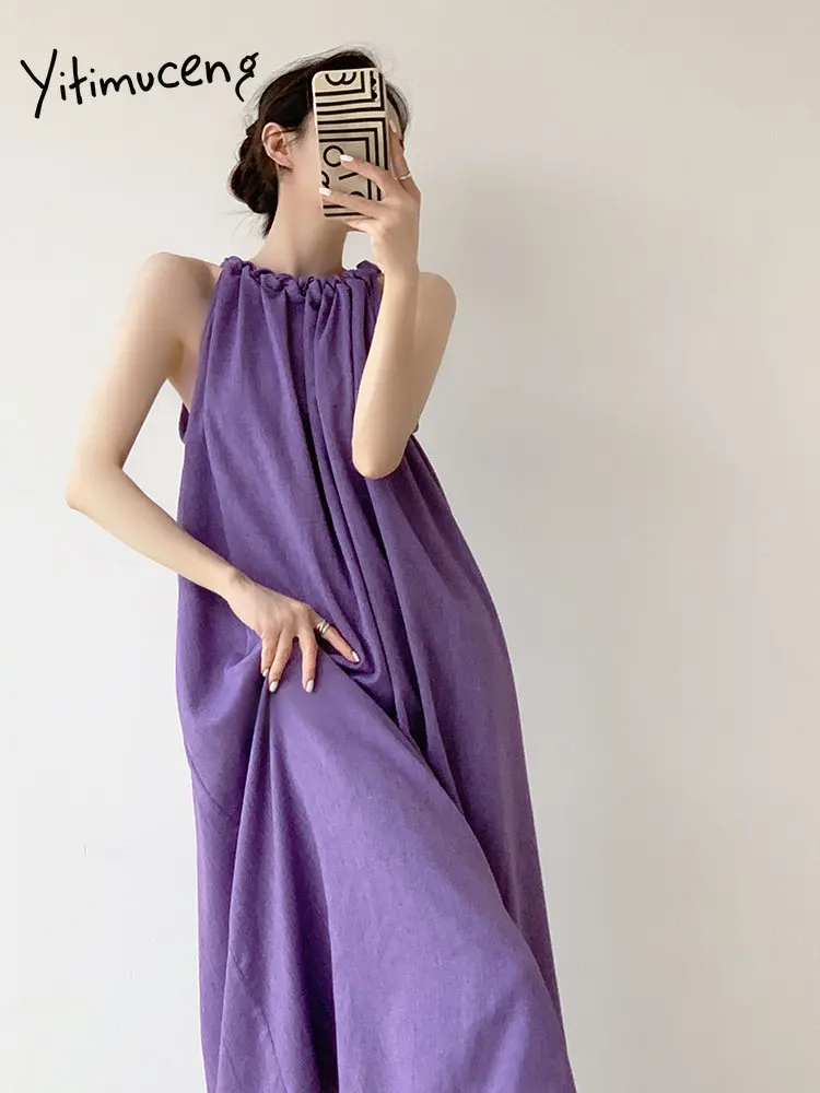 Yitimuceng Púrpura de Linho Vestido para as Mulheres de Verão 2203 Novo Estilo francês sem Mangas Soltas Midi Vestidos Elegantes Vestidos Longos Casuais . ' - ' . 0
