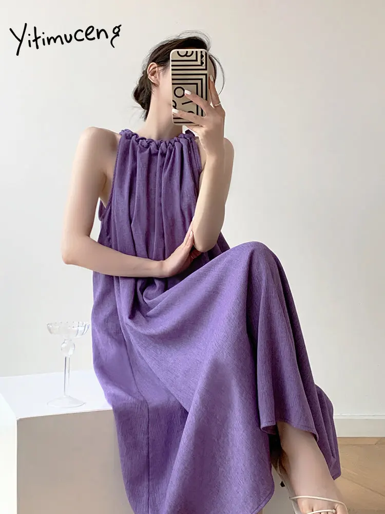 Yitimuceng Púrpura de Linho Vestido para as Mulheres de Verão 2203 Novo Estilo francês sem Mangas Soltas Midi Vestidos Elegantes Vestidos Longos Casuais . ' - ' . 1