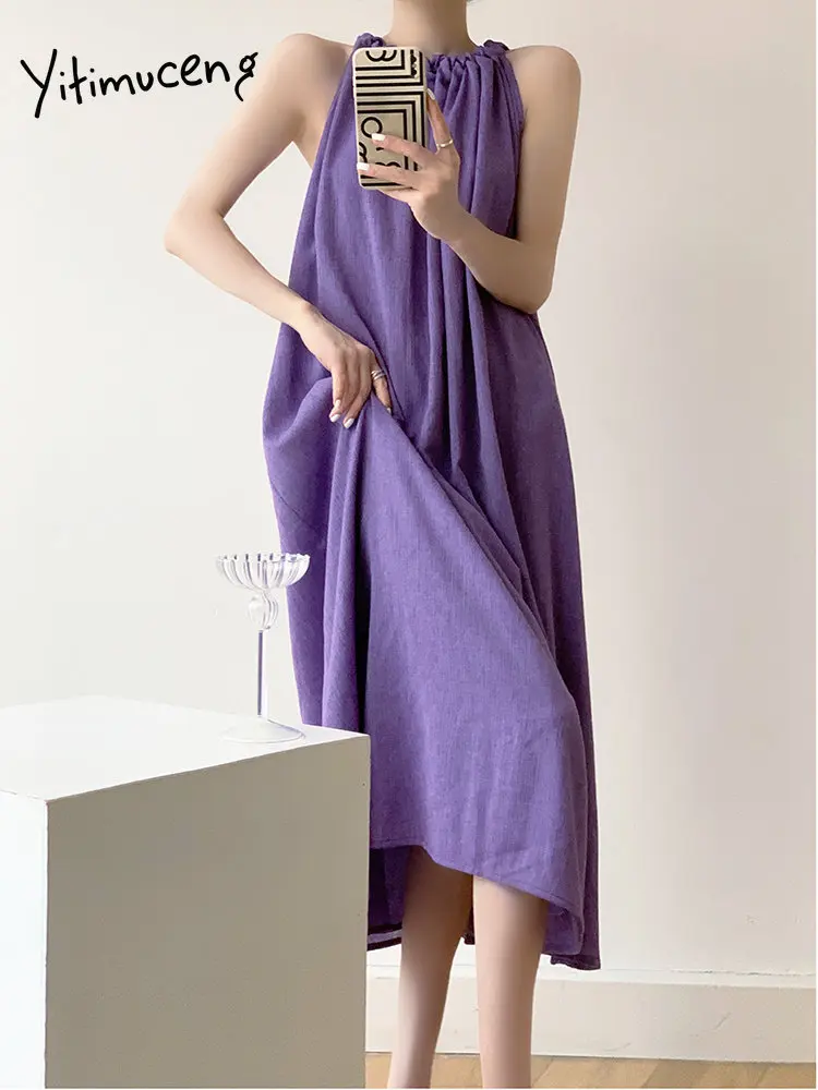 Yitimuceng Púrpura de Linho Vestido para as Mulheres de Verão 2203 Novo Estilo francês sem Mangas Soltas Midi Vestidos Elegantes Vestidos Longos Casuais . ' - ' . 2