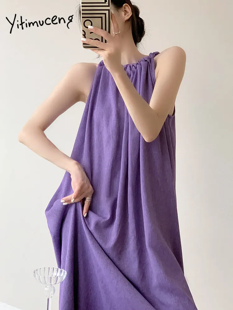 Yitimuceng Púrpura de Linho Vestido para as Mulheres de Verão 2203 Novo Estilo francês sem Mangas Soltas Midi Vestidos Elegantes Vestidos Longos Casuais . ' - ' . 3