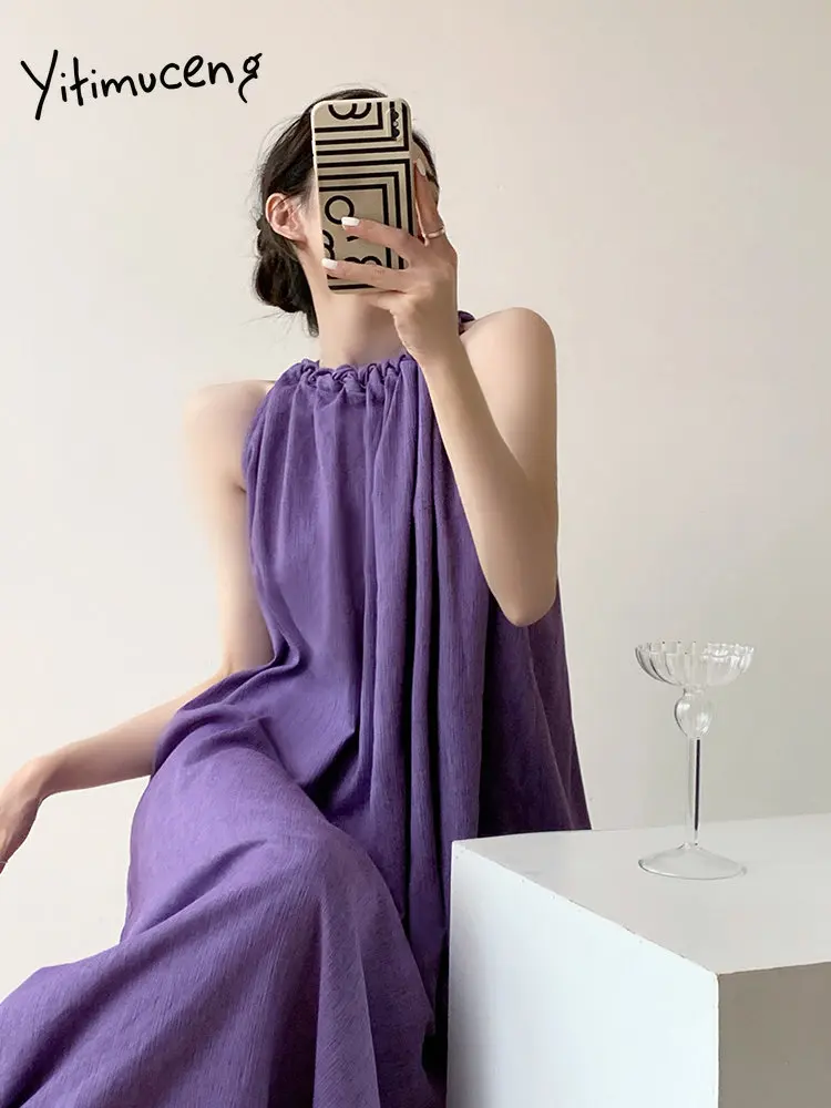 Yitimuceng Púrpura de Linho Vestido para as Mulheres de Verão 2203 Novo Estilo francês sem Mangas Soltas Midi Vestidos Elegantes Vestidos Longos Casuais . ' - ' . 4