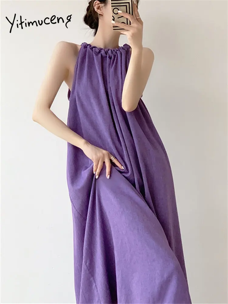 Yitimuceng Púrpura de Linho Vestido para as Mulheres de Verão 2203 Novo Estilo francês sem Mangas Soltas Midi Vestidos Elegantes Vestidos Longos Casuais . ' - ' . 5