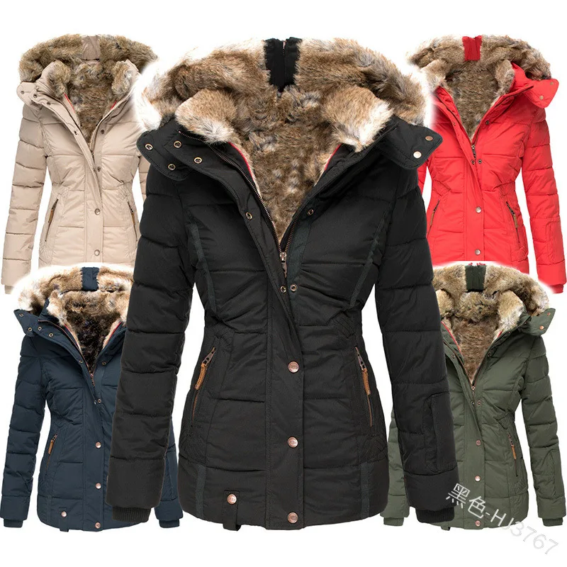 2021 Novo Inverno Quente de lã Casaco de Algodão das mulheres zíper de manga longa slim casaco de algodão com capuz casaco tamanho S-5XL . ' - ' . 0