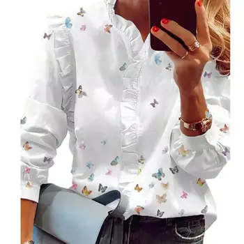 Senhora Casual Shirt Mulher manga comprida, Camisa Vintage Flor de Impressão Stand Colar de Pescoço de V de Mulheres da Primavera Camisa Solta Ol Estilo Trajeto