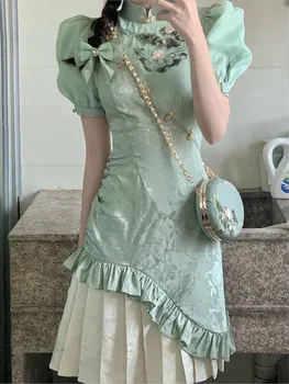 Chinês Tradicional Verde Jacquard Bordado Puff Manga Mini Vestido Cheongsam Mulheres Babados Elegantes Vestidos De Festa De Halloween