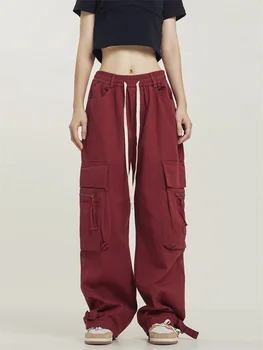 Harajuku Vintage Vermelho Calças Cargo Das Mulheres Oversize Hip Hop E Streetwear Bolsos De Calça Preta Retro Grande Tática De Perna Inferior