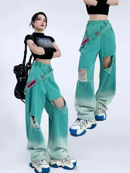 Japonês Harajuku Vintage Verão calça Jeans Nova Moda de Borla Cinto de Mulheres de Calças Soltas, em linha Reta Calças Jeans Rasgados para as Mulheres