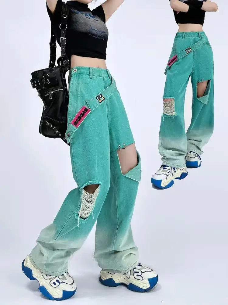 Japonês Harajuku Vintage Verão calça Jeans Nova Moda de Borla Cinto de Mulheres de Calças Soltas, em linha Reta Calças Jeans Rasgados para as Mulheres . ' - ' . 1