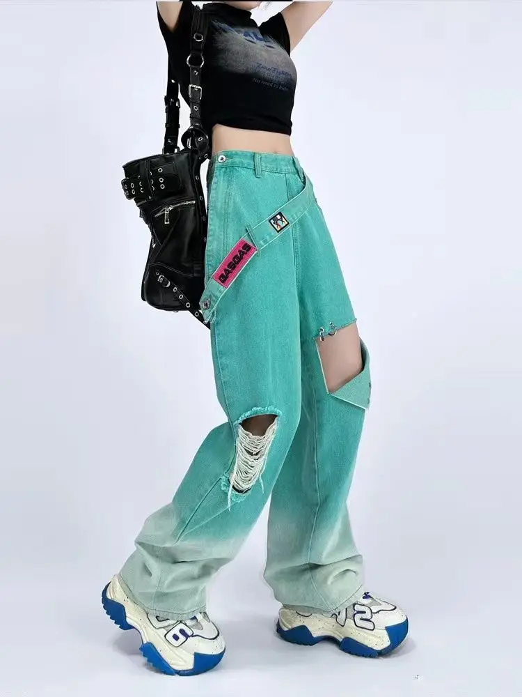 Japonês Harajuku Vintage Verão calça Jeans Nova Moda de Borla Cinto de Mulheres de Calças Soltas, em linha Reta Calças Jeans Rasgados para as Mulheres . ' - ' . 2
