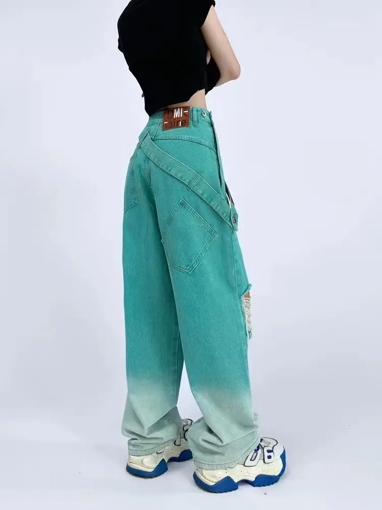 Japonês Harajuku Vintage Verão calça Jeans Nova Moda de Borla Cinto de Mulheres de Calças Soltas, em linha Reta Calças Jeans Rasgados para as Mulheres . ' - ' . 4