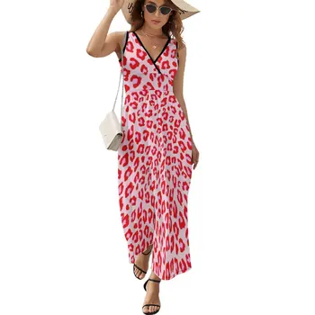 Leopard Print - Vermelho E cor-de-Rosa Original sem Mangas, Vestido solto, vestido de verão Vestido para as meninas