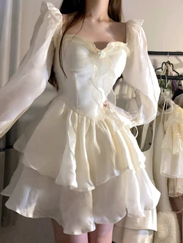 2023 Primavera De Cor Pura Francês De Fadas Mini Vestido Y2k Festa Magro Vestido De Uma Peça De Design Coreano Laço De Doce De Mulheres Sexy Vestido De Lolita
