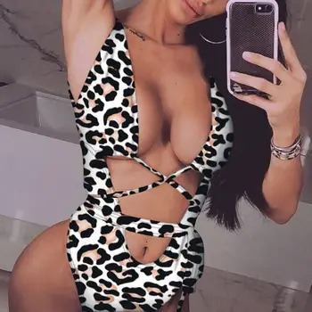 Sexy Maiô Fio-Free Deep V-neck sem encosto Bodysuit trajes de Banho Triângulo de Corte estampa de Leopardo Mulheres Monokini para Natação