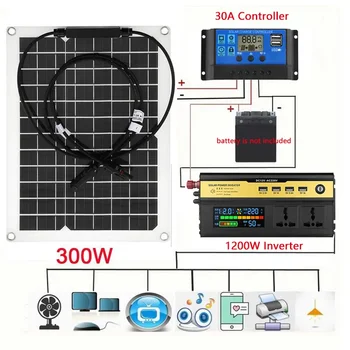 Sistema de Energia Solar 12V para 220V 1200W Inversor Kit de 300W Painel Solar Carregador de Bateria com 30A Controlador de Casa Grelha de Acampamento bloco de Telefone