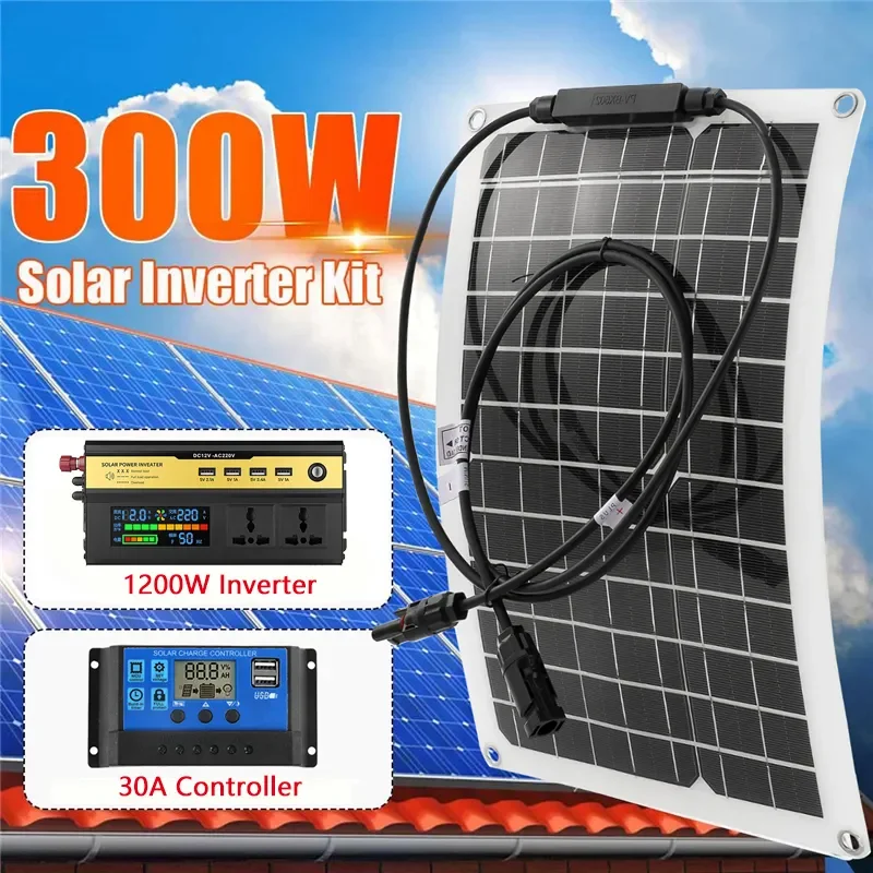 Sistema de Energia Solar 12V para 220V 1200W Inversor Kit de 300W Painel Solar Carregador de Bateria com 30A Controlador de Casa Grelha de Acampamento bloco de Telefone . ' - ' . 1
