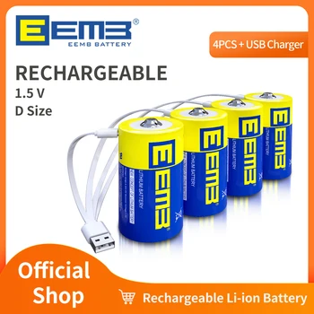 4PACK EEMB DE 1,5 V Lítio Baterias de D Recarregável Bateria D 5550mWh USB Tipo C Cabo de carregador de Substituição de Bateria