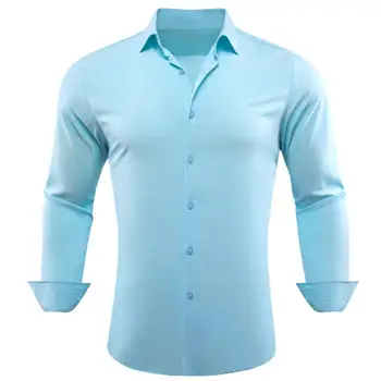 Luxo Camisas masculinas Sólido Azul de Seda de Manga Longa Regular Slim Fit Masculino Tops Business Casual virada para Baixo de Gola Blusas Barry Wang