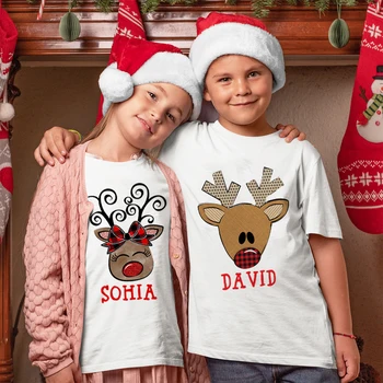 Natal Personalizados Crianças Camisa Personalizada Veado Criança Camisas De Natal Menina De Roupa De Meninos Festa De Natal Da Criança-Presente De Natal De Criança Roupas