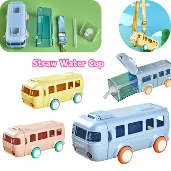500ml Crianças Palha Copo de Água Estanque Ônibus Forma de carros de Brinquedo, Garrafa de Água de Copos com Alça de Ombro para Viagem Acampamento