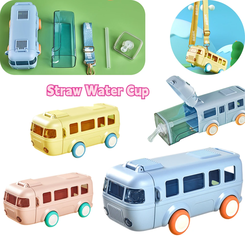500ml Crianças Palha Copo de Água Estanque Ônibus Forma de carros de Brinquedo, Garrafa de Água de Copos com Alça de Ombro para Viagem Acampamento . ' - ' . 0