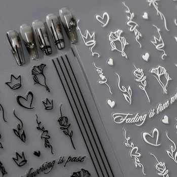 Variados Preto Simples, Linha Branca Flor Folha de Coração de Amor 5D Relevo Suave Relevos Auto-Adesivo Etiqueta da Arte do Prego 3D Manicure Decalques