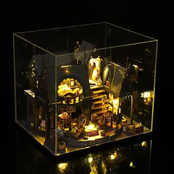DIY de Madeira em Miniatura Casa de bonecas com Tampa de proteção contra Poeira e Luzes com Acessórios Mini Handmade Modelo da Casa para Crianças, Presente de Aniversário