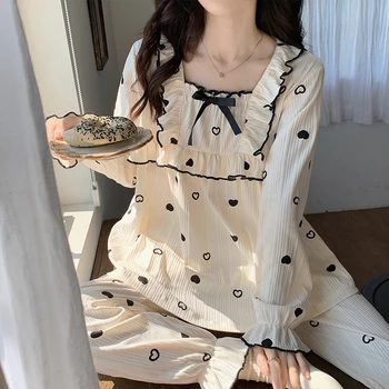 Estilo coreano Princesa do Pijama Define Praça Gola Manga Longa, Calças Mulheres de Cor Sólida Kawaii Moda Womens 2pcs de Pijama Elegante