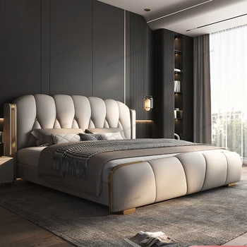 Luxo mestre cama de quarto de casal moderno e minimalista 1,8 m de couro genuíno cama high-end italiano soft bag de armazenamento de casamento cama de 2m parentes