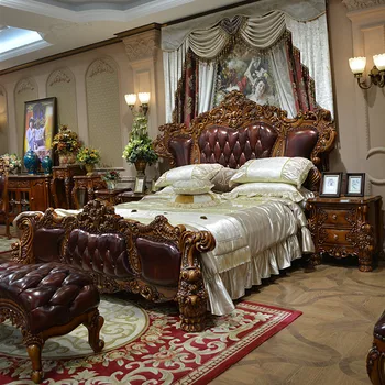 madeira esculpida cama de casal queen bed villa quarto principal-Americana de casamento de luxo cama