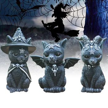 Halloween Magia Gato Artesanato de Resina Janela de Mesa, Decoração de Três cabeças de Cão Pug Bruxa Gato Escultura ao ar livre Decorações do Jardim